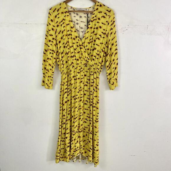 NUMPH yellow brown flower petal pattern long sleeve midi dress - Picture 1 of 6